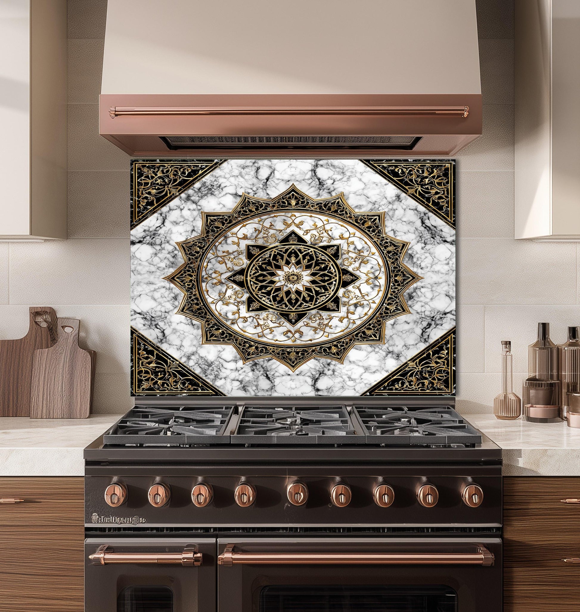 Black Gold Mandala Glass Backsplash, Marble Filigree Stove Guard, Heat Resistant Easy Clean Art