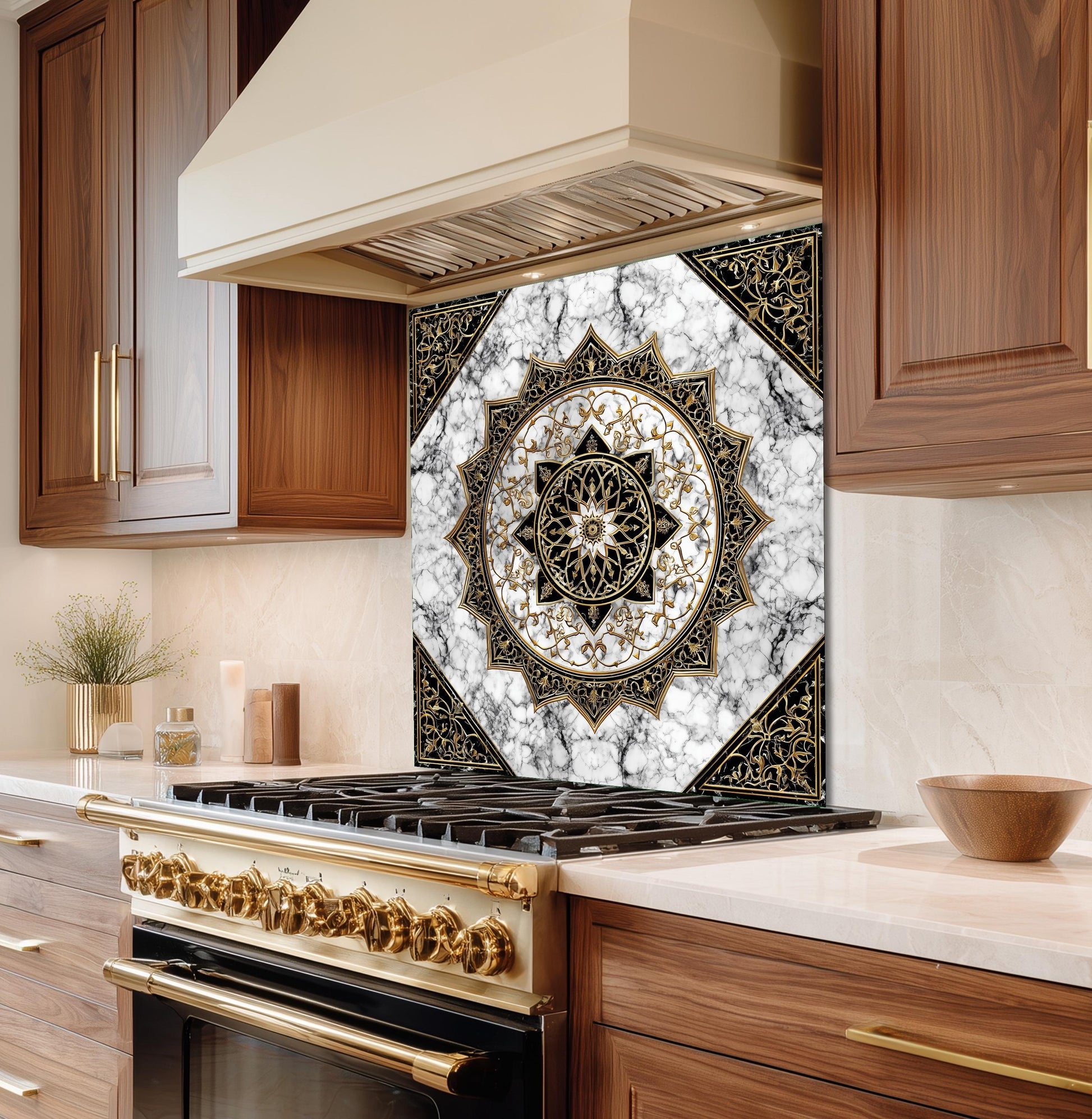 Black Gold Mandala Glass Backsplash, Marble Filigree Stove Guard, Heat Resistant Easy Clean Art