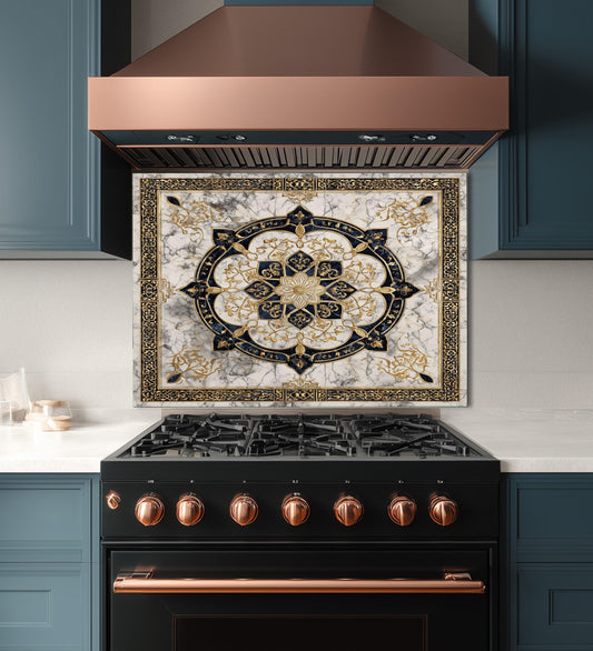 Golden Ornamental Medallion Glass Backsplash, Navy Filigree Stove Guard, Heat Resistant Marble Art