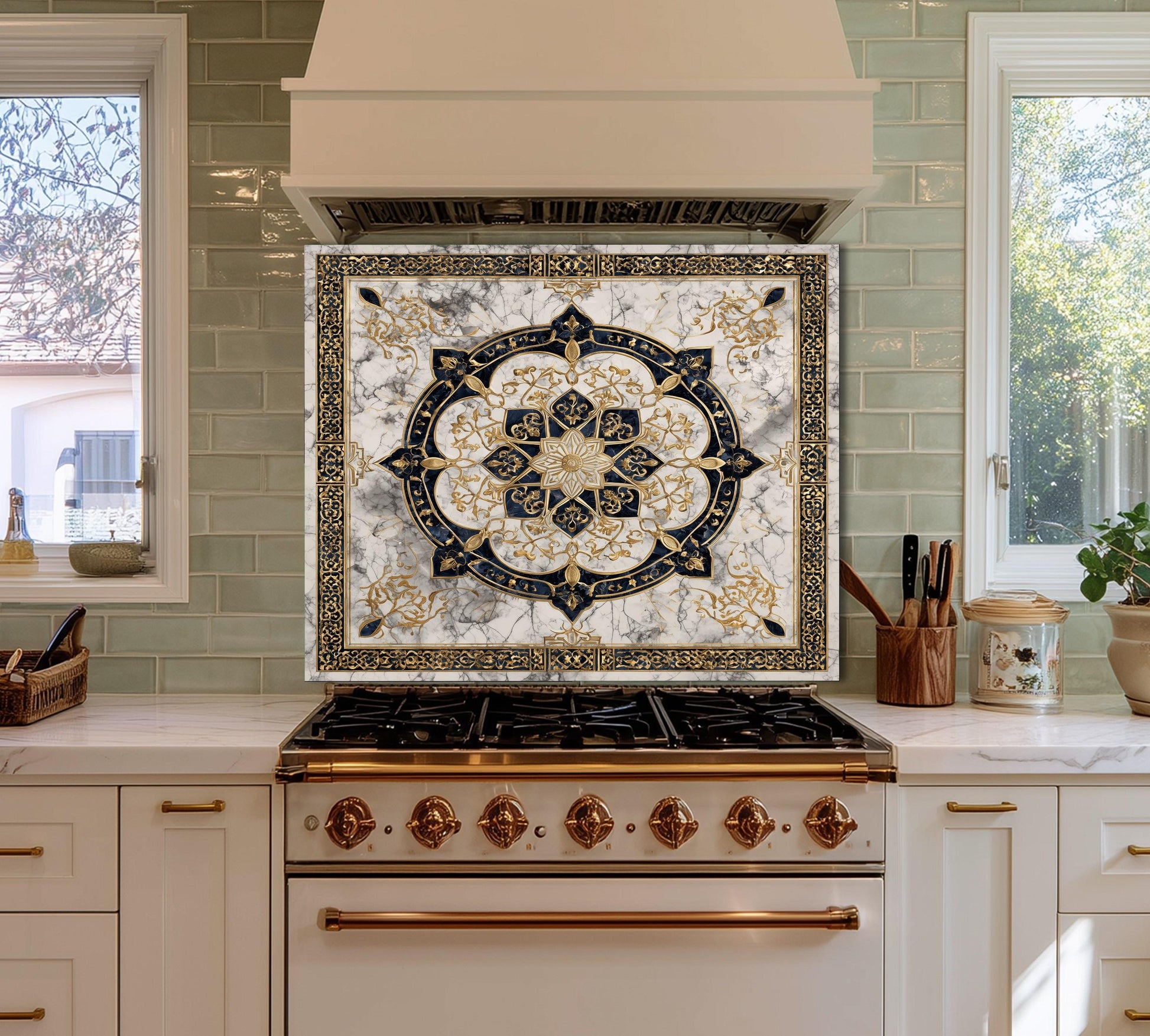 Golden Ornamental Medallion Glass Backsplash, Navy Filigree Stove Guard, Heat Resistant Marble Art
