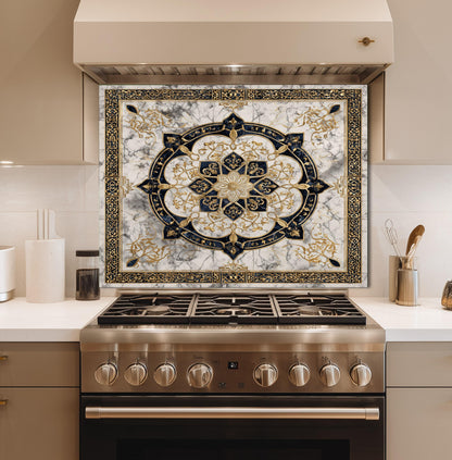 Golden Ornamental Medallion Glass Backsplash, Navy Filigree Stove Guard, Heat Resistant Marble Art