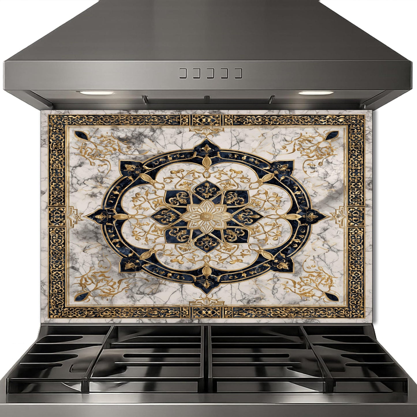 Golden Ornamental Medallion Glass Backsplash, Navy Filigree Stove Guard, Heat Resistant Marble Art