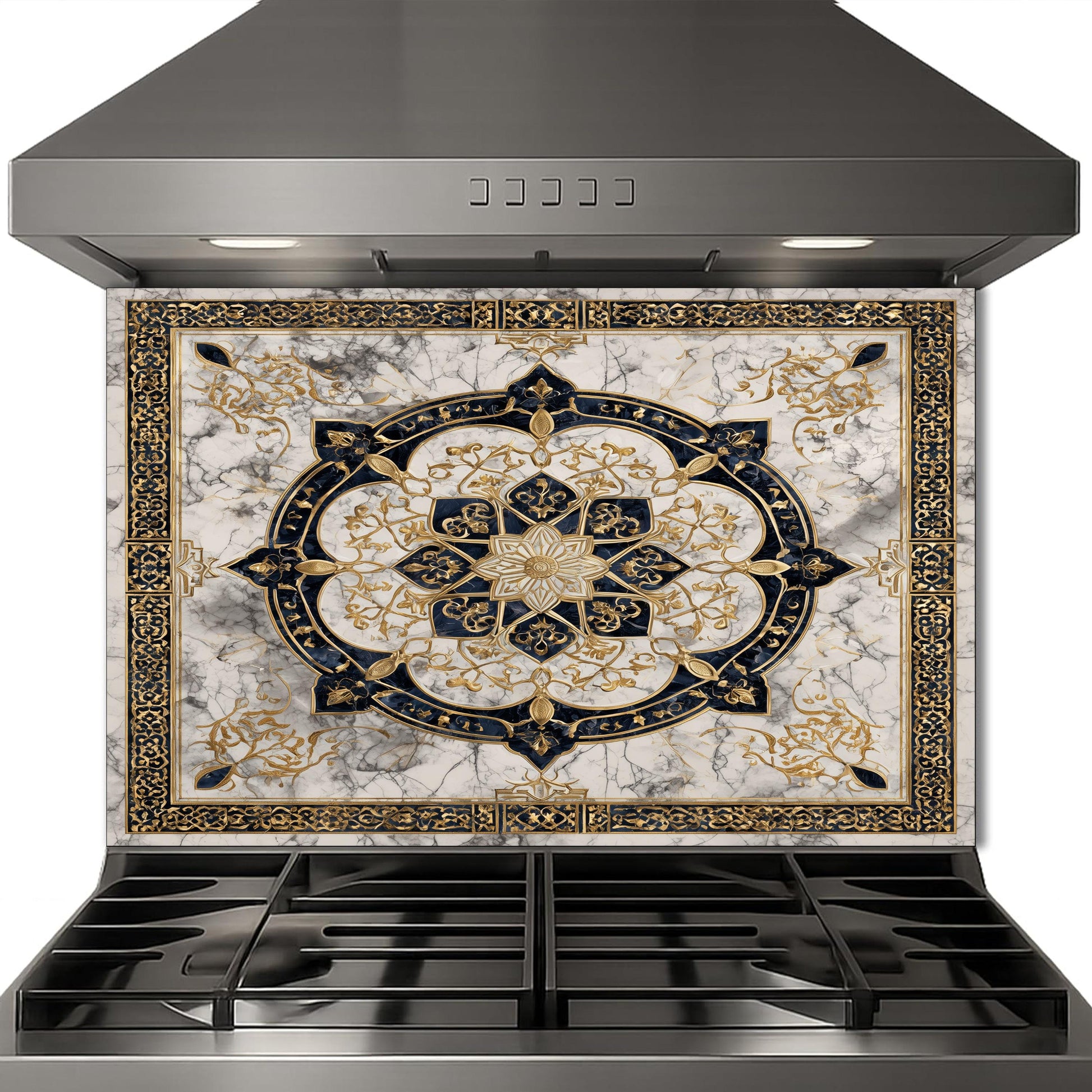 Golden Ornamental Medallion Glass Backsplash, Navy Filigree Stove Guard, Heat Resistant Marble Art