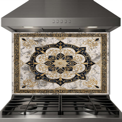 Golden Ornamental Medallion Glass Backsplash, Navy Filigree Stove Guard, Heat Resistant Marble Art