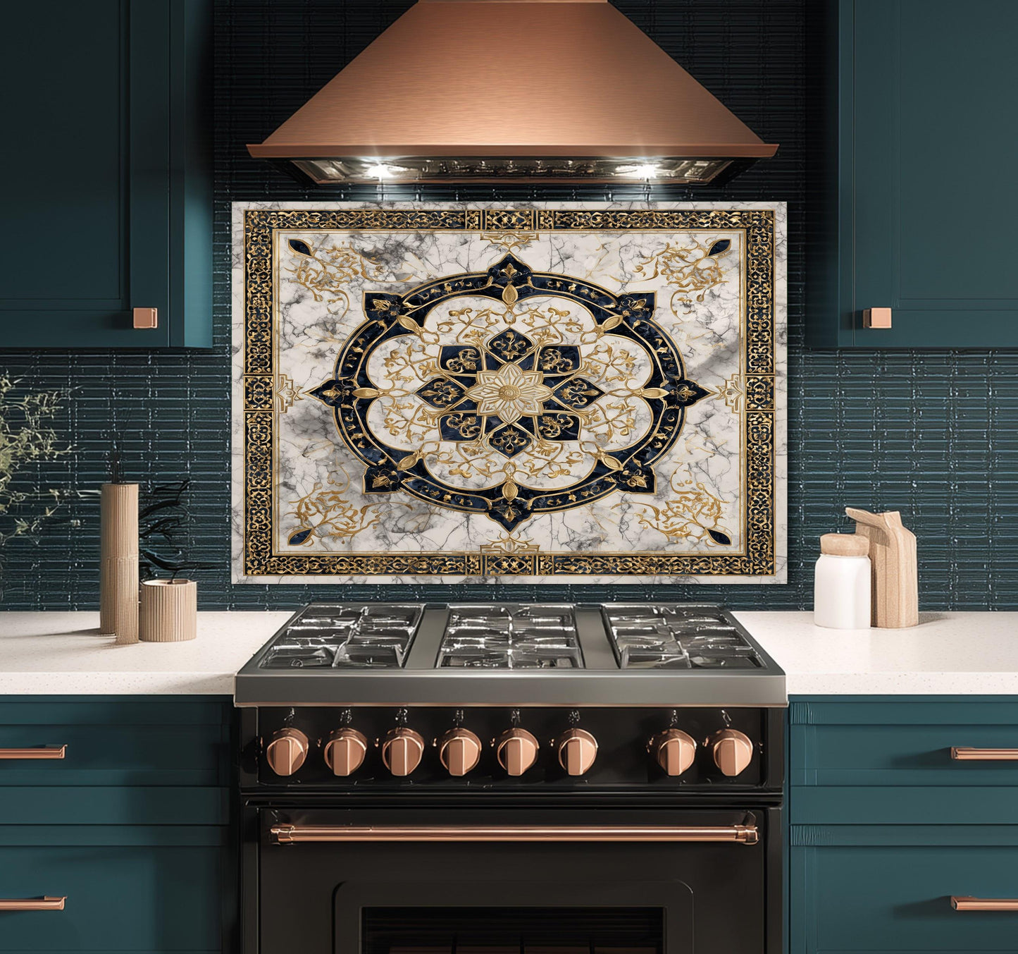 Golden Ornamental Medallion Glass Backsplash, Navy Filigree Stove Guard, Heat Resistant Marble Art
