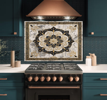 Golden Ornamental Medallion Glass Backsplash, Navy Filigree Stove Guard, Heat Resistant Marble Art