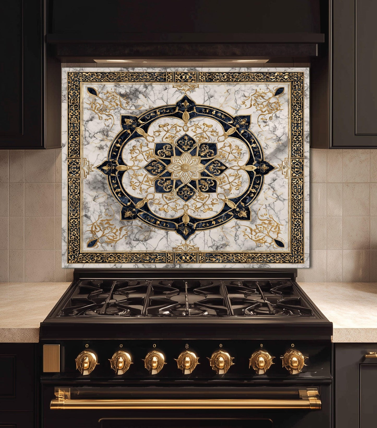 Golden Ornamental Medallion Glass Backsplash, Navy Filigree Stove Guard, Heat Resistant Marble Art