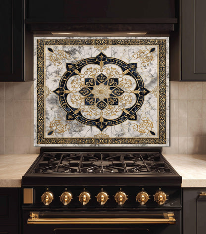 Golden Ornamental Medallion Glass Backsplash, Navy Filigree Stove Guard, Heat Resistant Marble Art