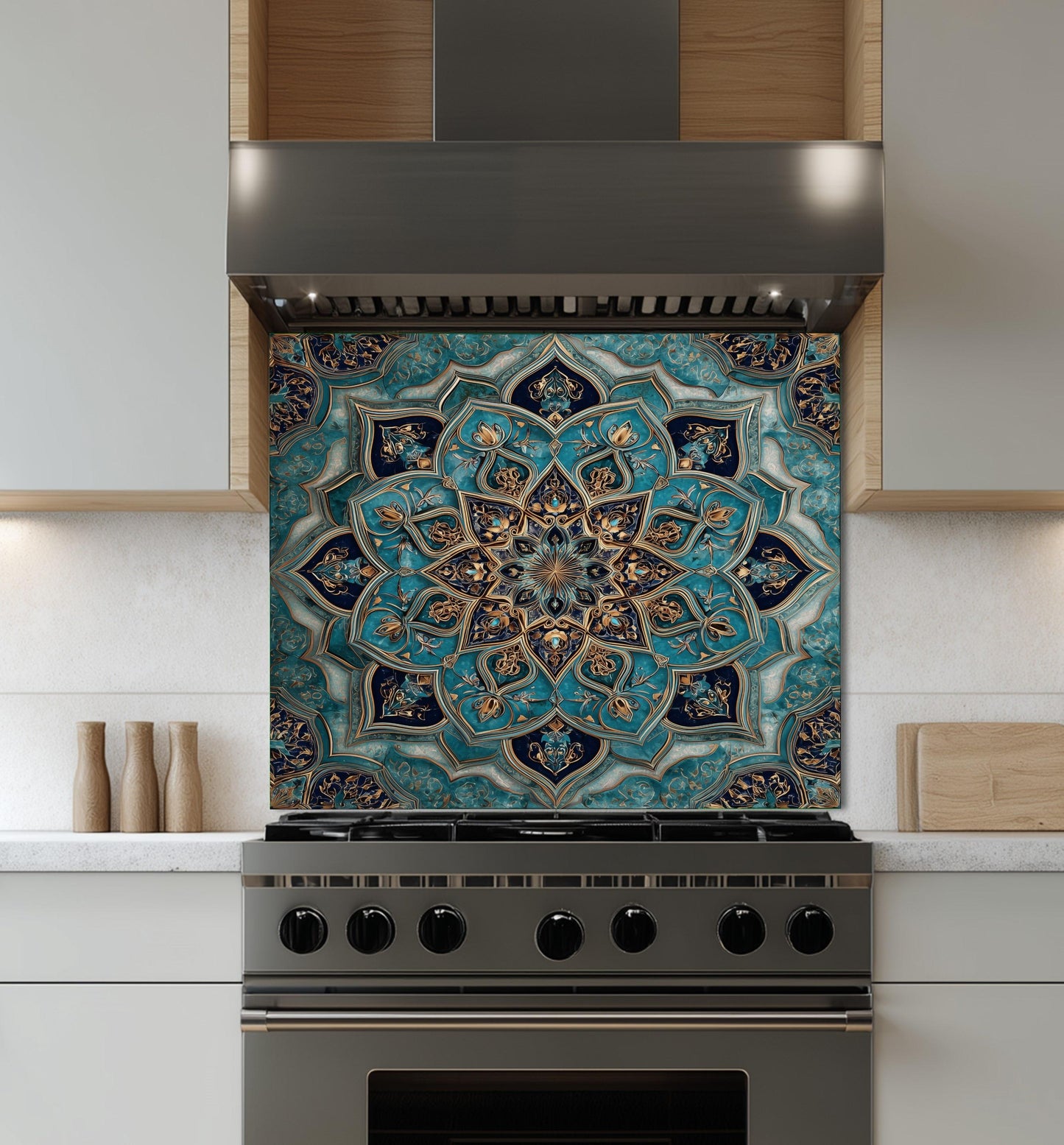 Golden Ornamental Medallion Glass Backsplash, Navy Filigree Stove Guard, Heat Resistant Marble Art
