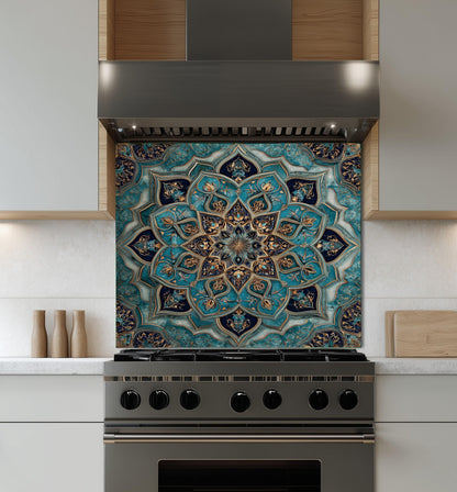 Golden Ornamental Medallion Glass Backsplash, Navy Filigree Stove Guard, Heat Resistant Marble Art