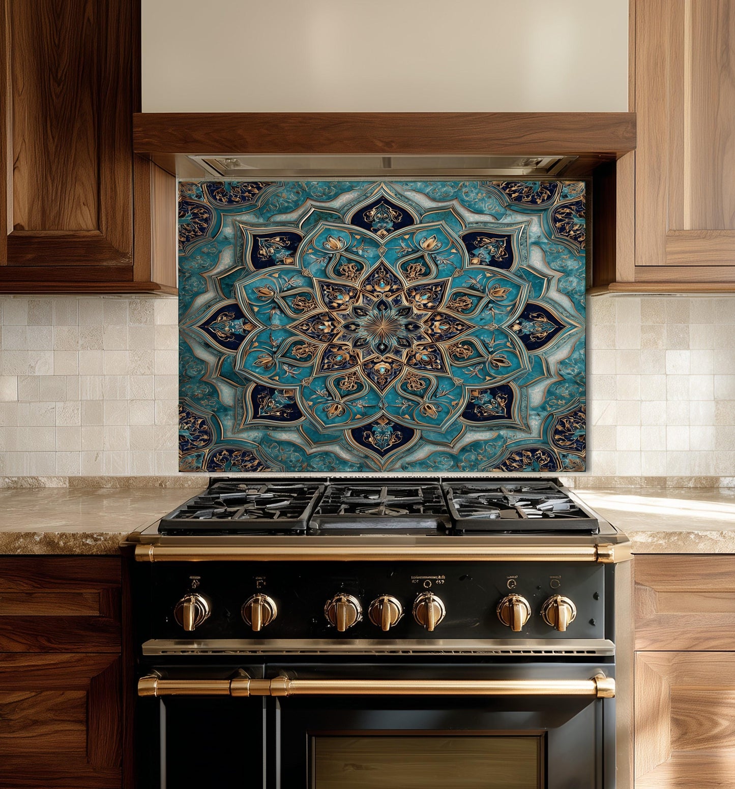 Golden Ornamental Medallion Glass Backsplash, Navy Filigree Stove Guard, Heat Resistant Marble Art