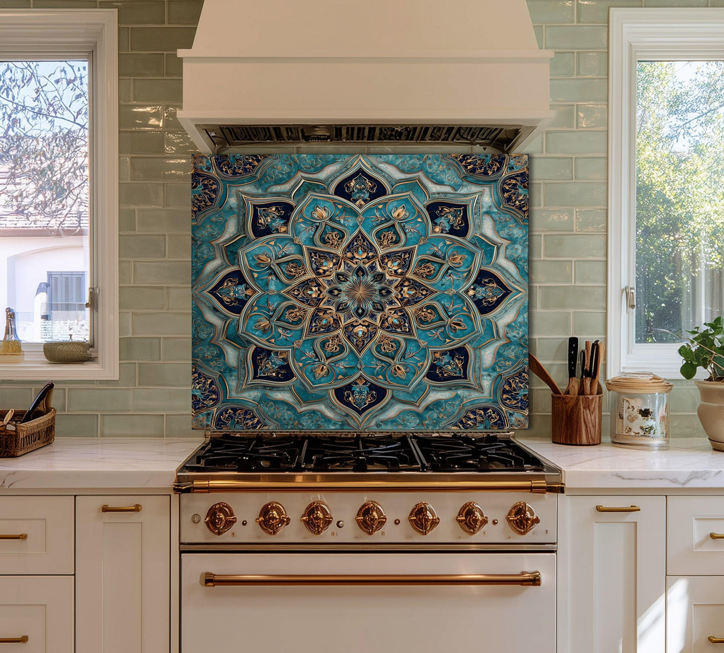 Golden Ornamental Medallion Glass Backsplash, Navy Filigree Stove Guard, Heat Resistant Marble Art
