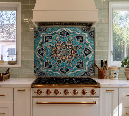 Golden Ornamental Medallion Glass Backsplash, Navy Filigree Stove Guard, Heat Resistant Marble Art