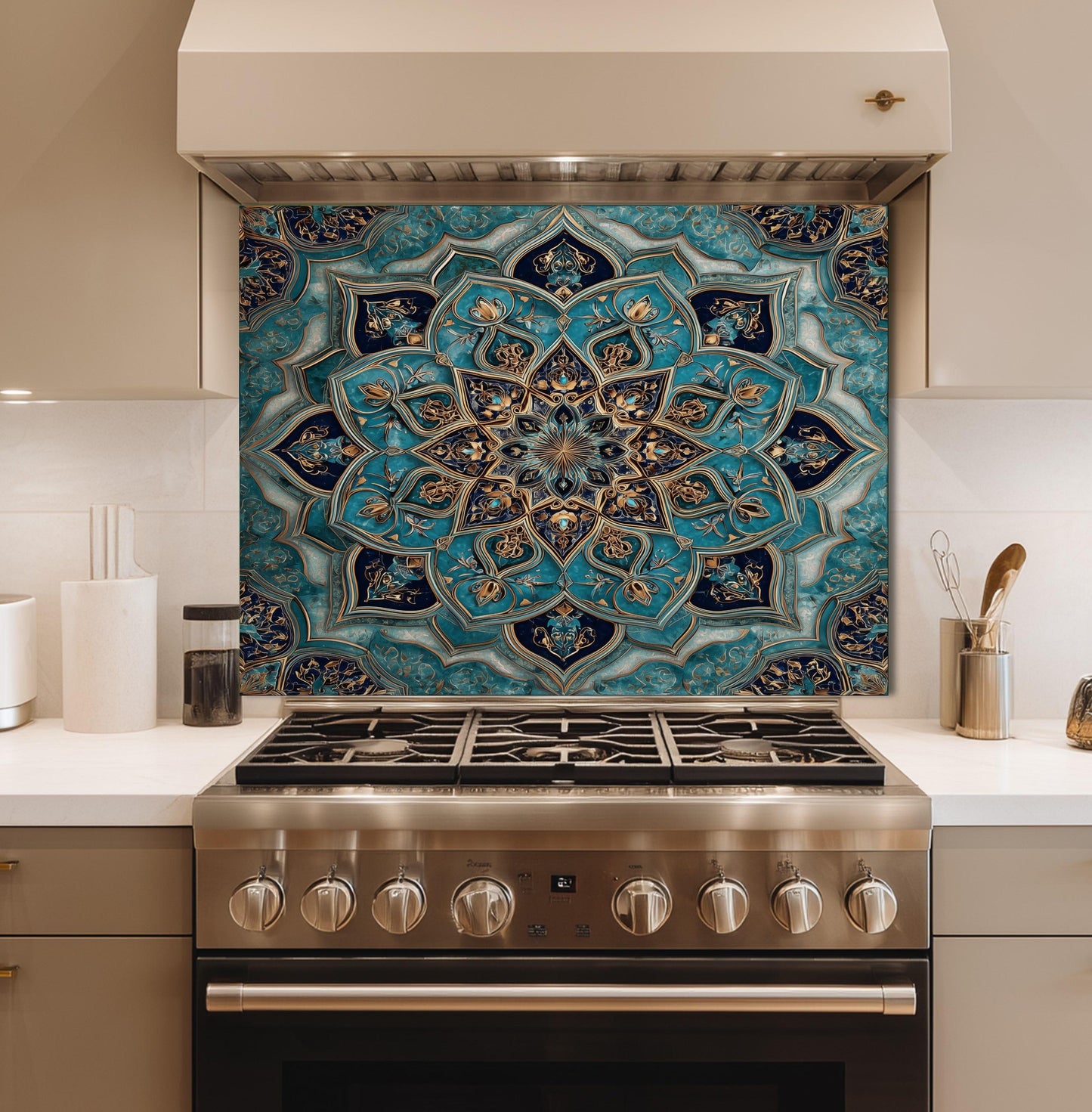 Golden Ornamental Medallion Glass Backsplash, Navy Filigree Stove Guard, Heat Resistant Marble Art