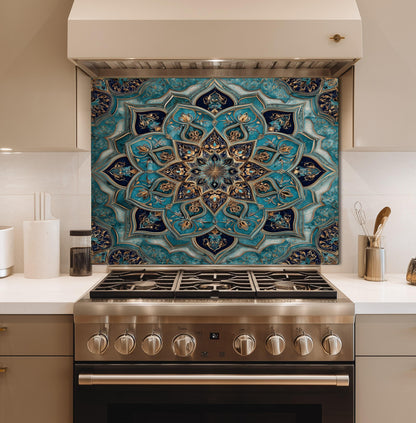 Golden Ornamental Medallion Glass Backsplash, Navy Filigree Stove Guard, Heat Resistant Marble Art