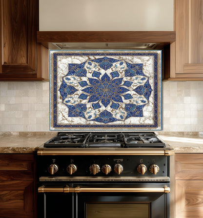 Royal Navy Gold Mandala Glass Backsplash, Marble Kaleidoscopic Stove Guard, Heat Resistant Kitchen Art