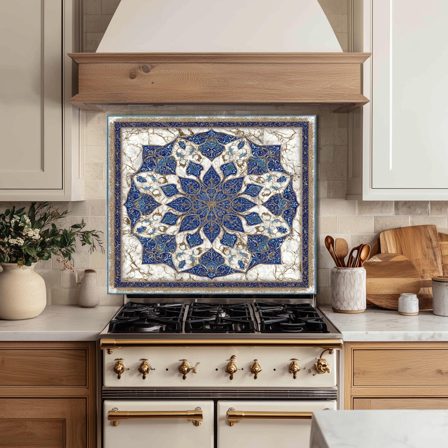 Royal Navy Gold Mandala Glass Backsplash, Marble Kaleidoscopic Stove Guard, Heat Resistant Kitchen Art