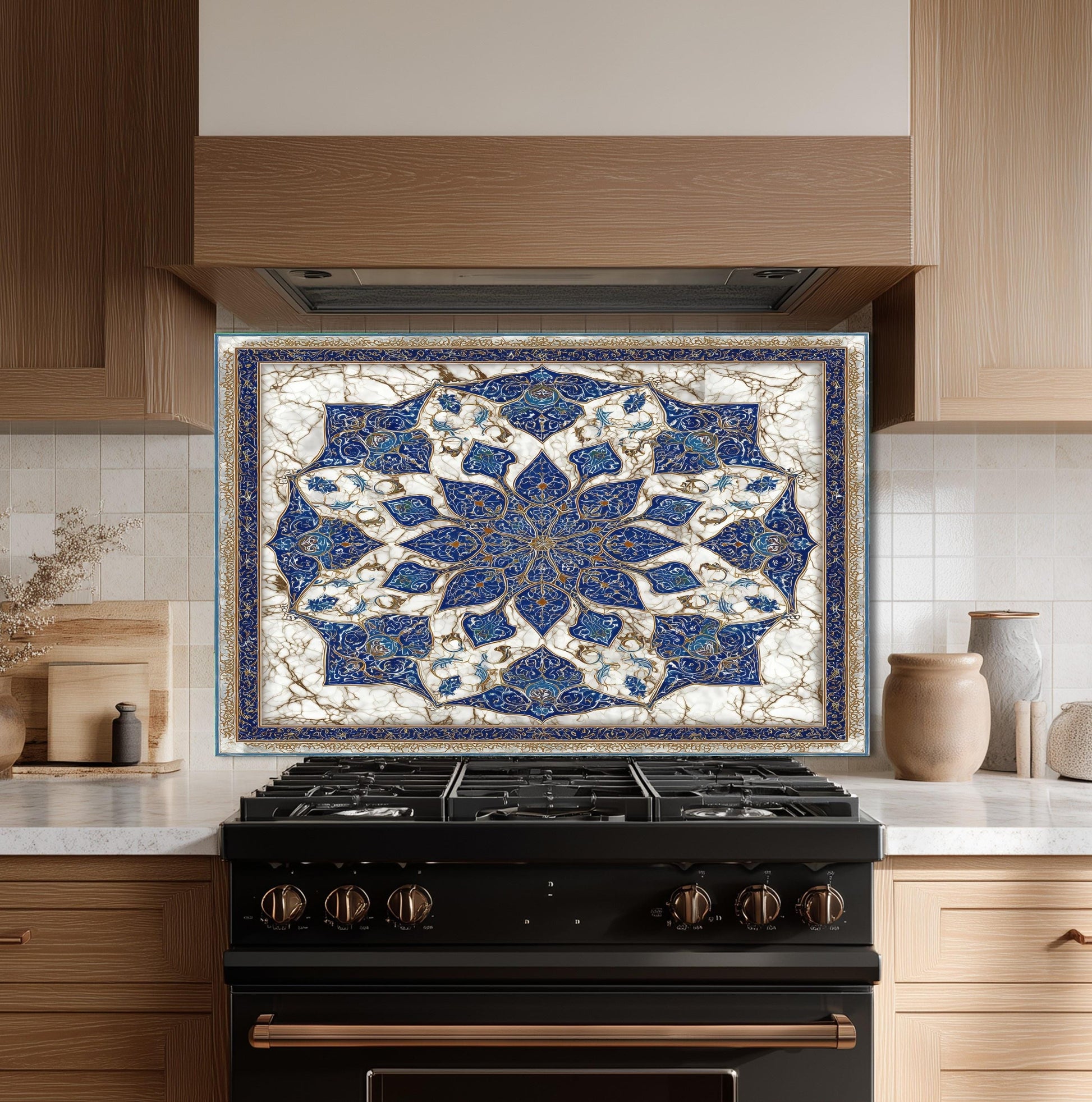 Royal Navy Gold Mandala Glass Backsplash, Marble Kaleidoscopic Stove Guard, Heat Resistant Kitchen Art