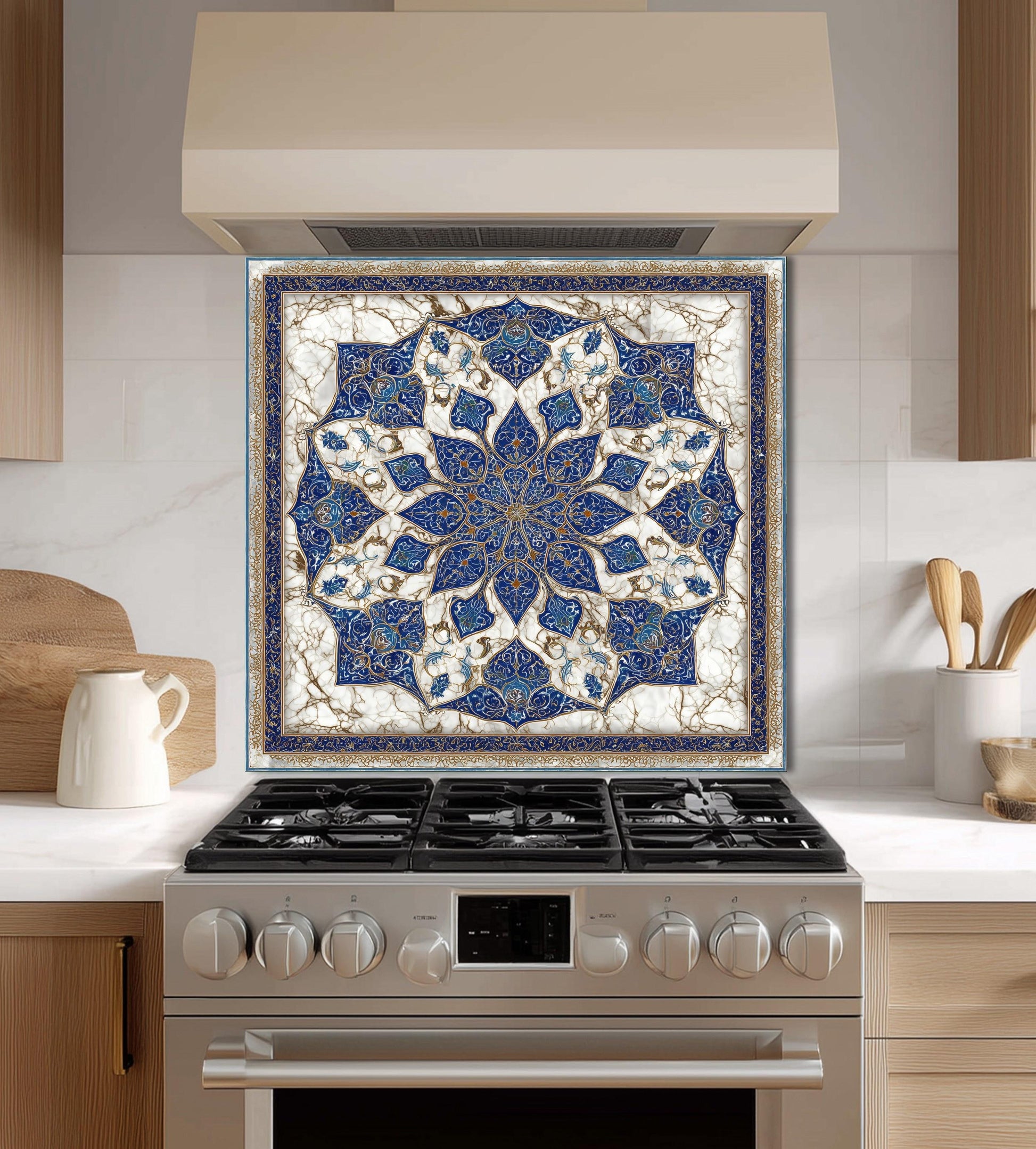 Royal Navy Gold Mandala Glass Backsplash, Marble Kaleidoscopic Stove Guard, Heat Resistant Kitchen Art