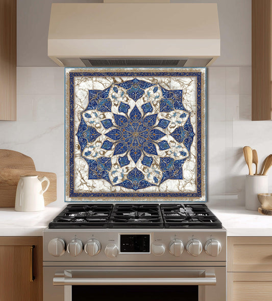 Royal Navy Gold Mandala Glass Backsplash, Marble Kaleidoscopic Stove Guard, Heat Resistant Kitchen Art
