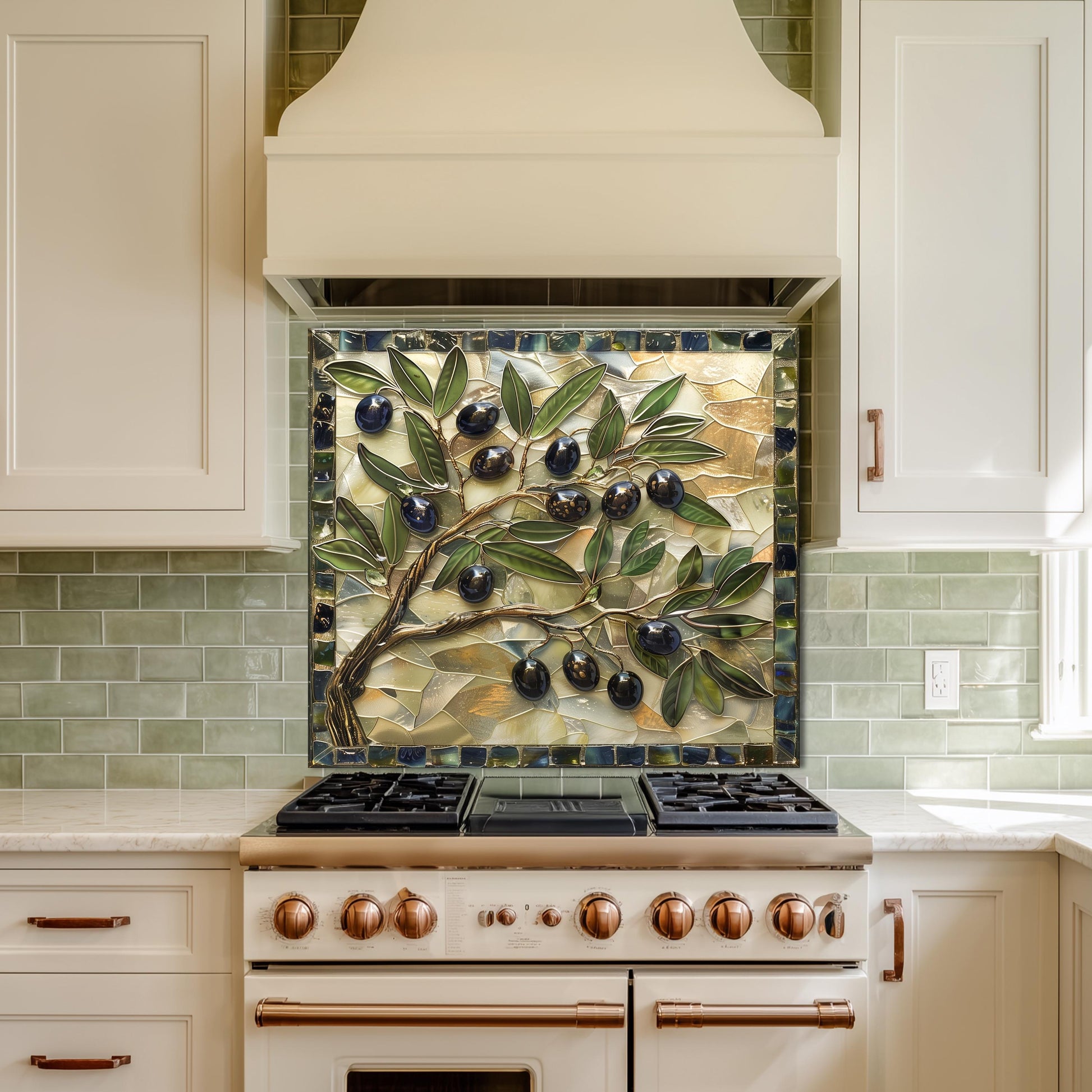 Glass Backsplash for Kitchen, Easy Clean Tempered Glass Panel, Olive Branch Mosaic Tile Design