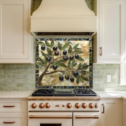 Glass Backsplash for Kitchen, Easy Clean Tempered Glass Panel, Olive Branch Mosaic Tile Design