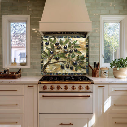 Glass Backsplash for Kitchen, Easy Clean Tempered Glass Panel, Olive Branch Mosaic Tile Design