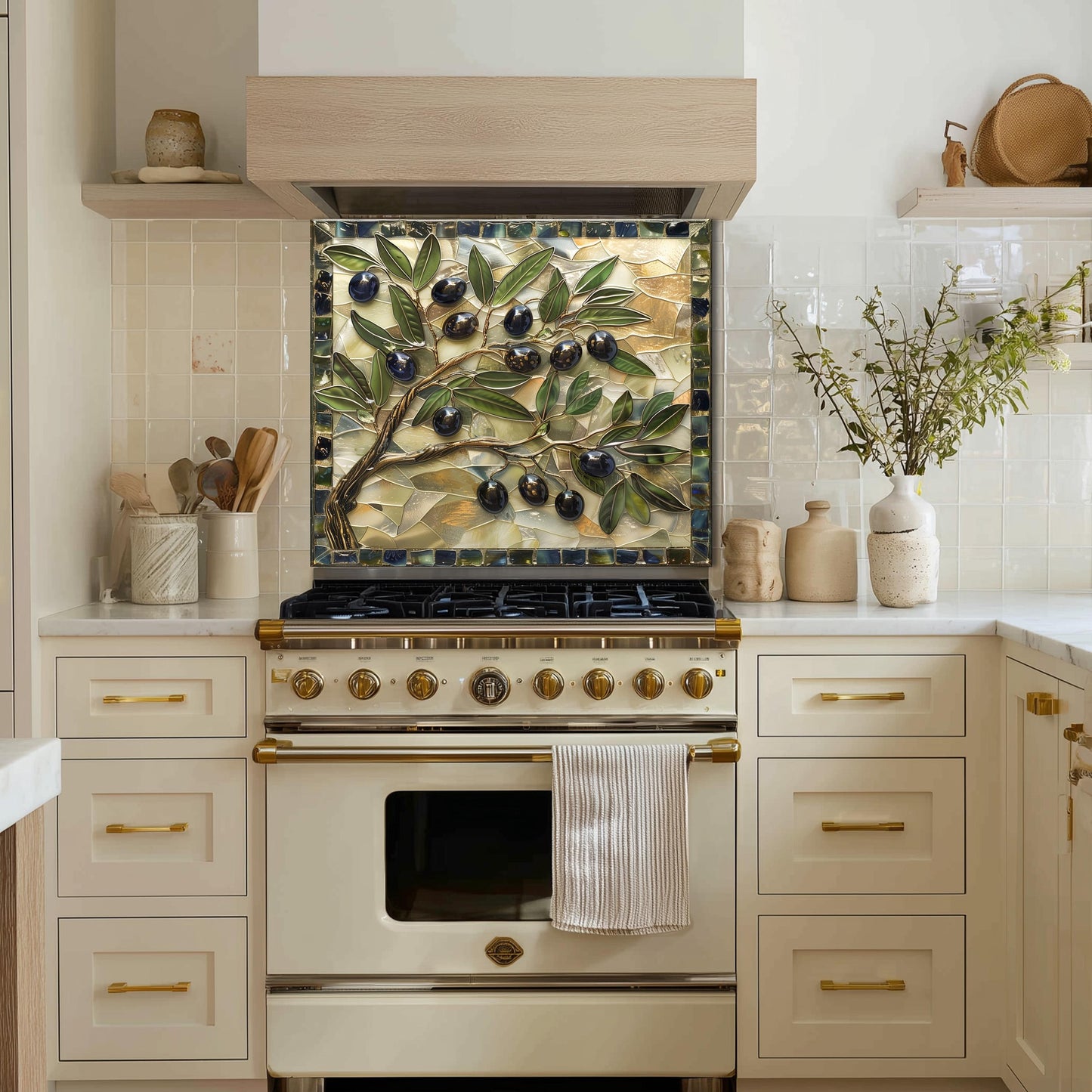 Glass Backsplash for Kitchen, Easy Clean Tempered Glass Panel, Olive Branch Mosaic Tile Design