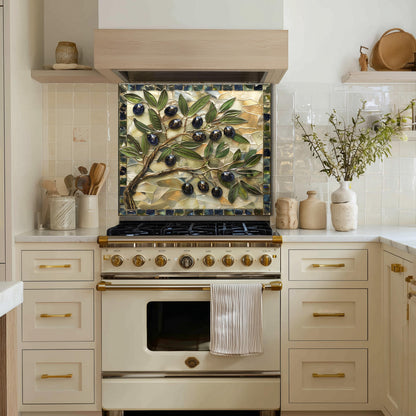 Glass Backsplash for Kitchen, Easy Clean Tempered Glass Panel, Olive Branch Mosaic Tile Design