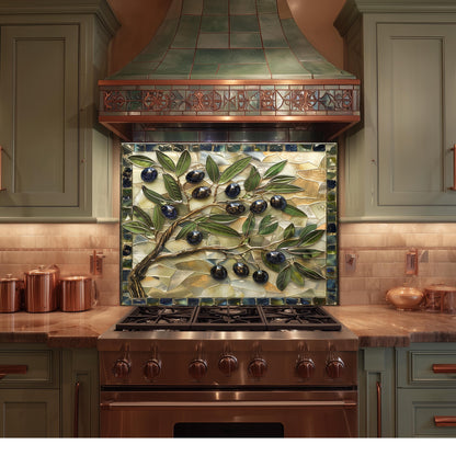 Glass Backsplash for Kitchen, Easy Clean Tempered Glass Panel, Olive Branch Mosaic Tile Design