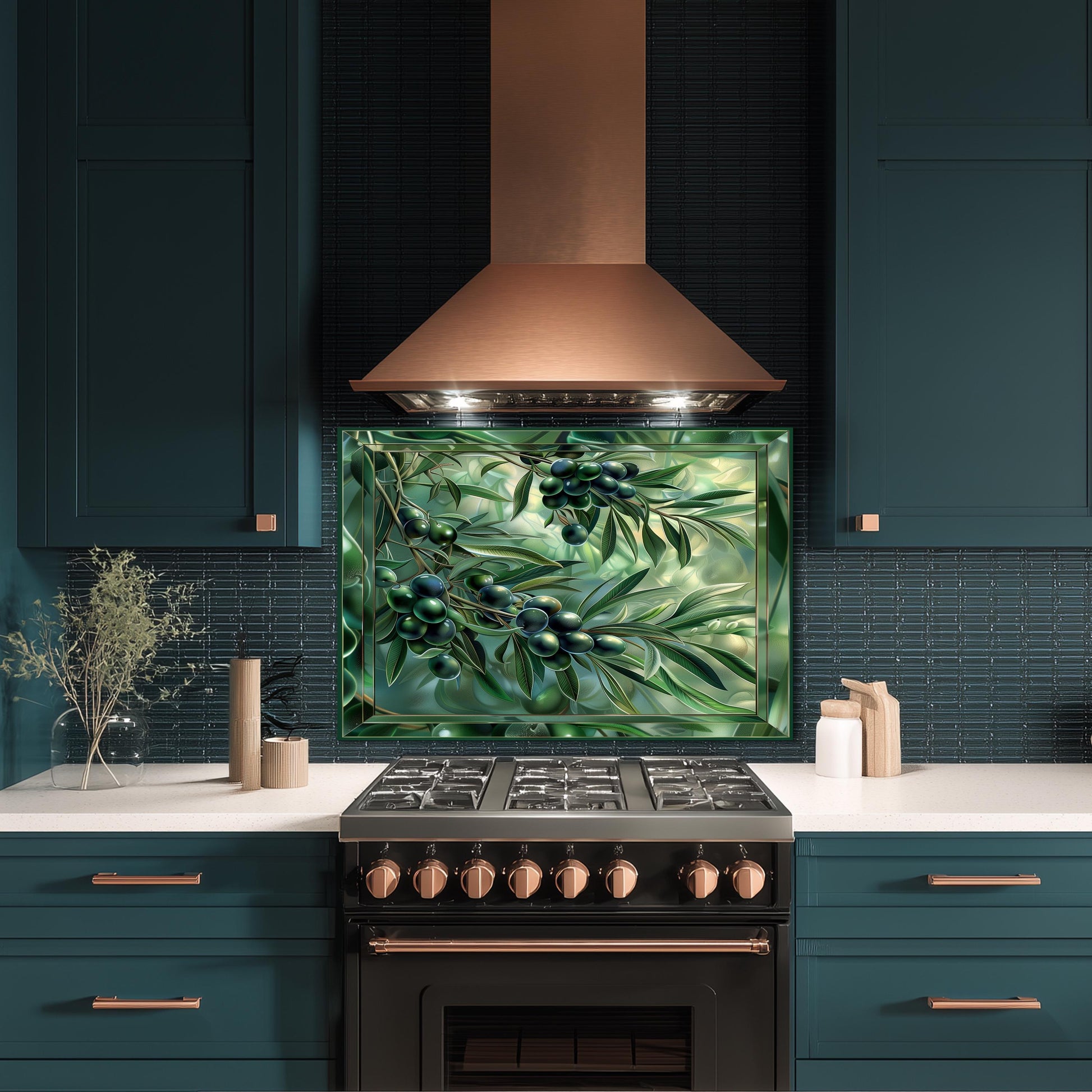 Glass Backsplash for Kitchen, Easy Clean Tempered Glass Panel, Green Olive Garden Design