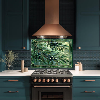 Glass Backsplash for Kitchen, Easy Clean Tempered Glass Panel, Green Olive Garden Design