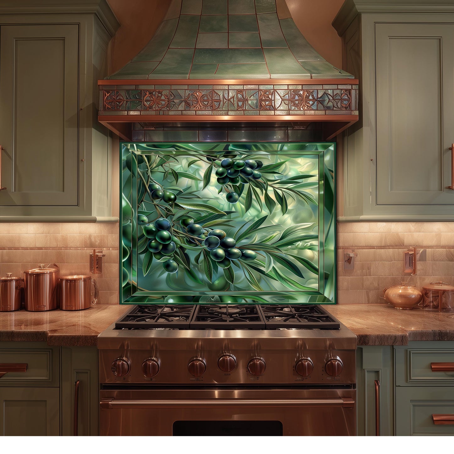 Glass Backsplash for Kitchen, Easy Clean Tempered Glass Panel, Green Olive Garden Design