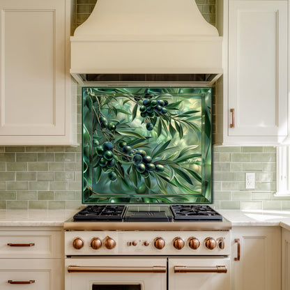 Glass Backsplash for Kitchen, Easy Clean Tempered Glass Panel, Green Olive Garden Design