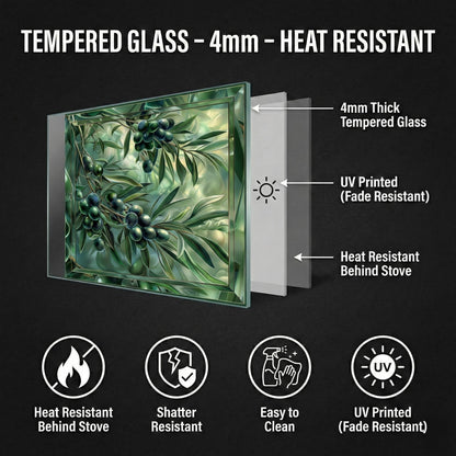 Glass Backsplash for Kitchen, Easy Clean Tempered Glass Panel, Green Olive Garden Design