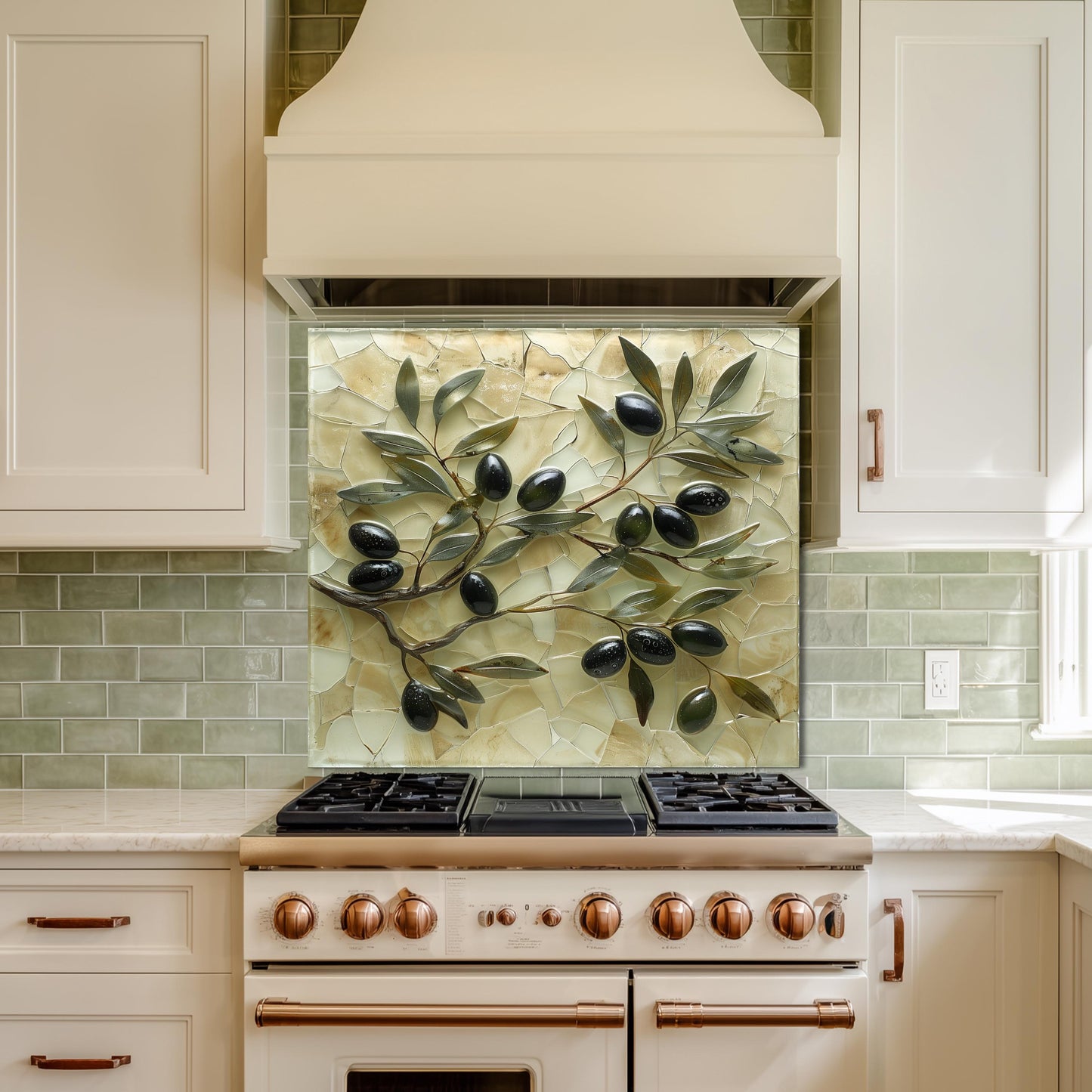 Glass Backsplash for Kitchen, Easy Clean Tempered Glass Panel, Antique Olive Mosaic Design