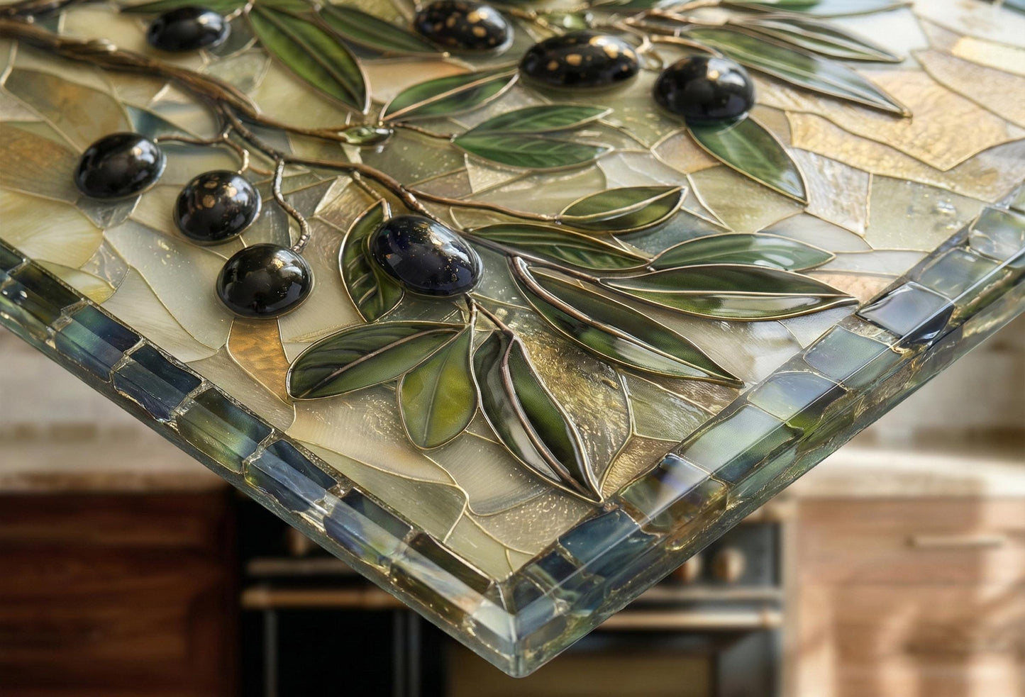 Glass Backsplash for Kitchen, Easy Clean Tempered Glass Panel, Antique Olive Mosaic Design