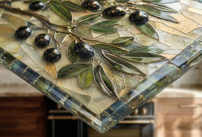 Glass Backsplash for Kitchen, Easy Clean Tempered Glass Panel, Antique Olive Mosaic Design