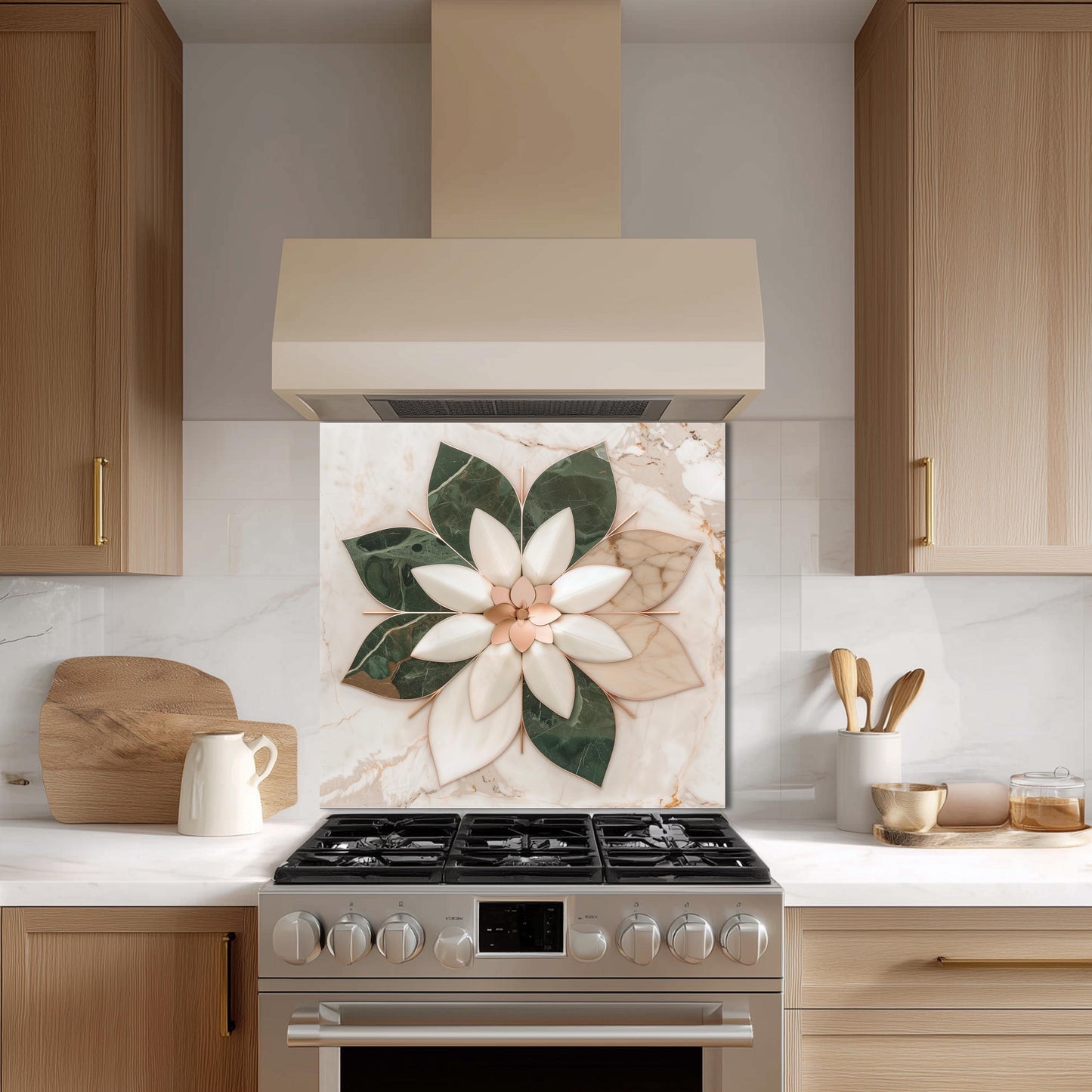 Glass Backsplash for Kitchen, Easy Clean Tempered Glass Panel, Marble Flower Medallion Design