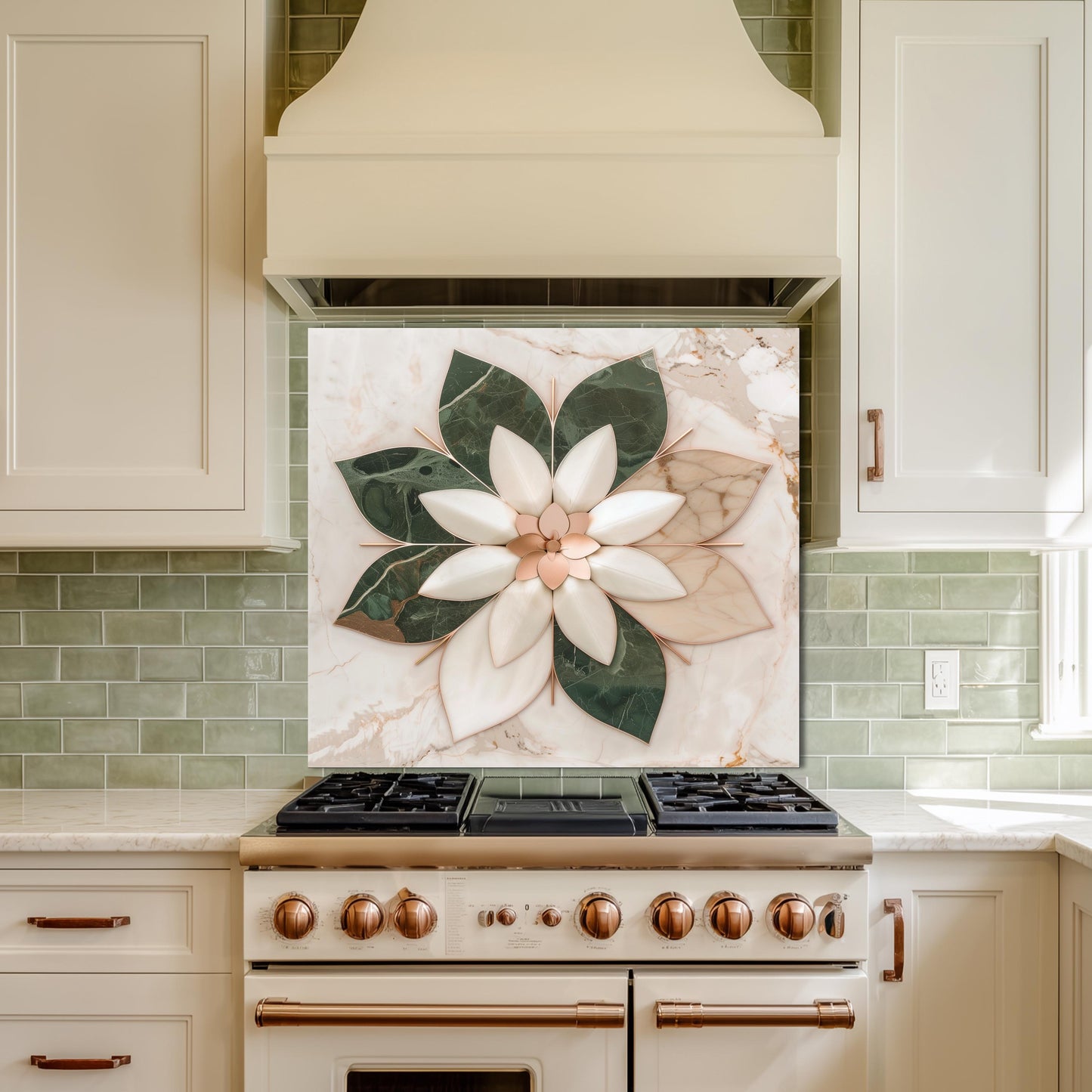 Glass Backsplash for Kitchen, Easy Clean Tempered Glass Panel, Marble Flower Medallion Design