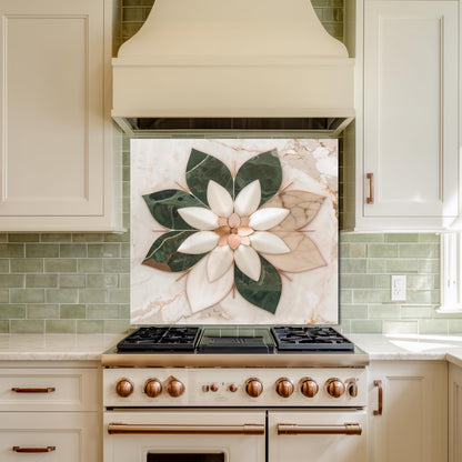 Glass Backsplash for Kitchen, Easy Clean Tempered Glass Panel, Marble Flower Medallion Design