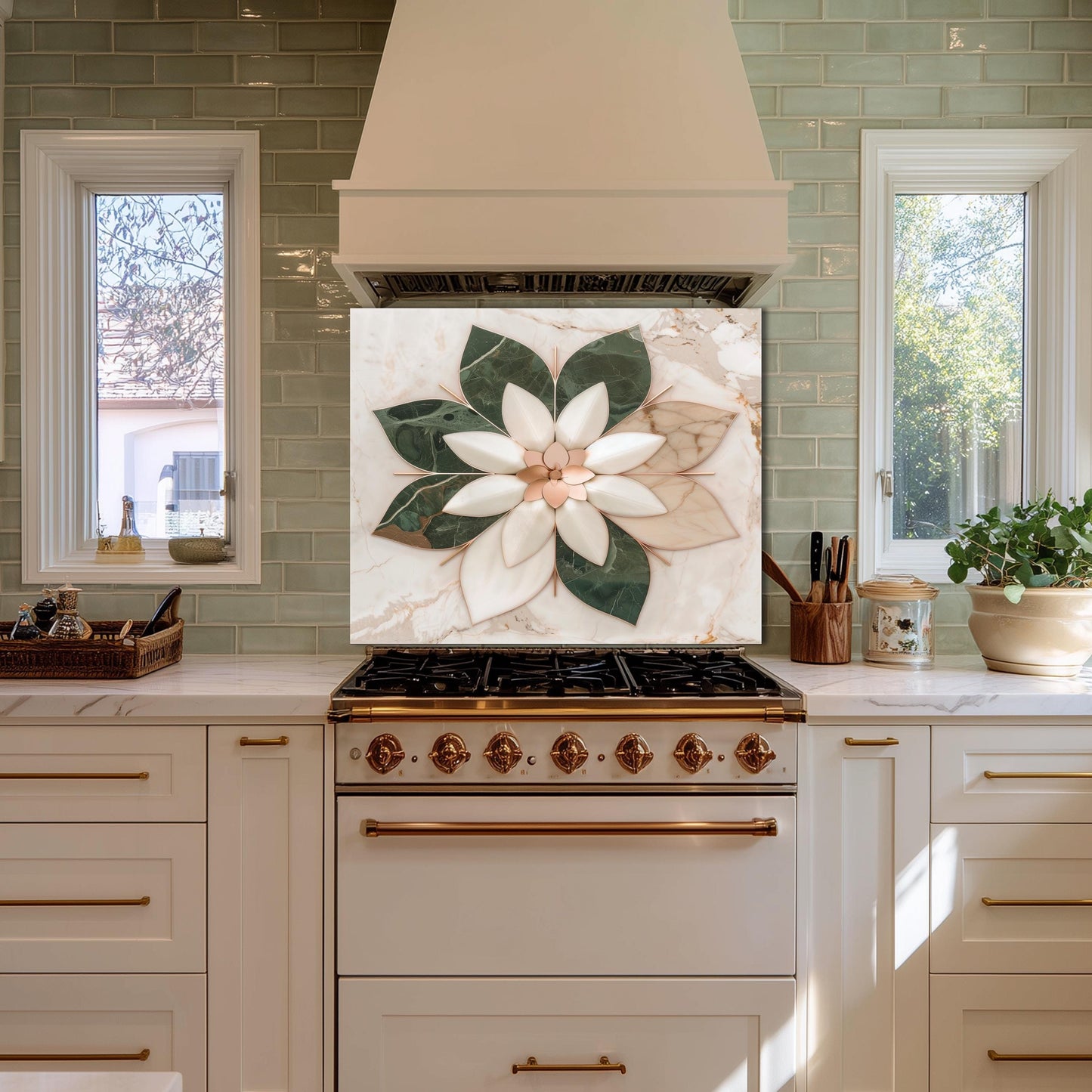 Glass Backsplash for Kitchen, Easy Clean Tempered Glass Panel, Marble Flower Medallion Design
