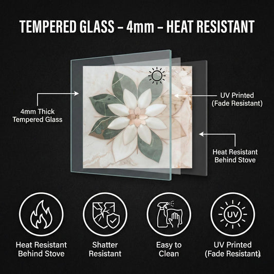 Glass Backsplash for Kitchen, Easy Clean Tempered Glass Panel, Marble Flower Medallion Design