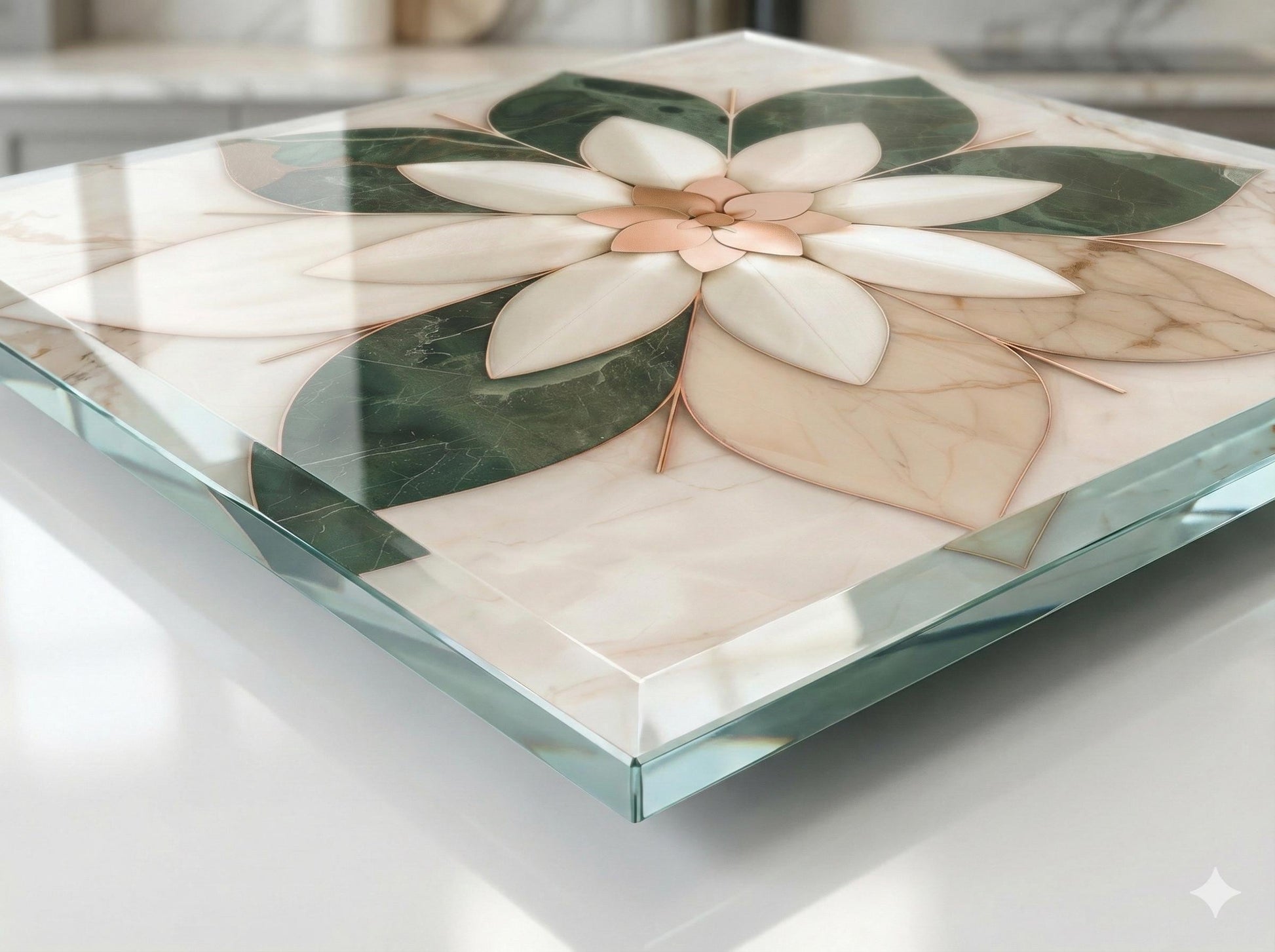 Glass Backsplash for Kitchen, Easy Clean Tempered Glass Panel, Marble Flower Medallion Design