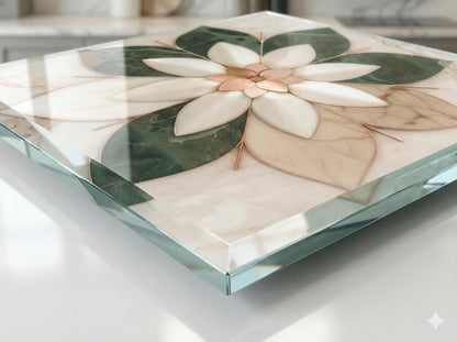 Glass Backsplash for Kitchen, Easy Clean Tempered Glass Panel, Marble Flower Medallion Design