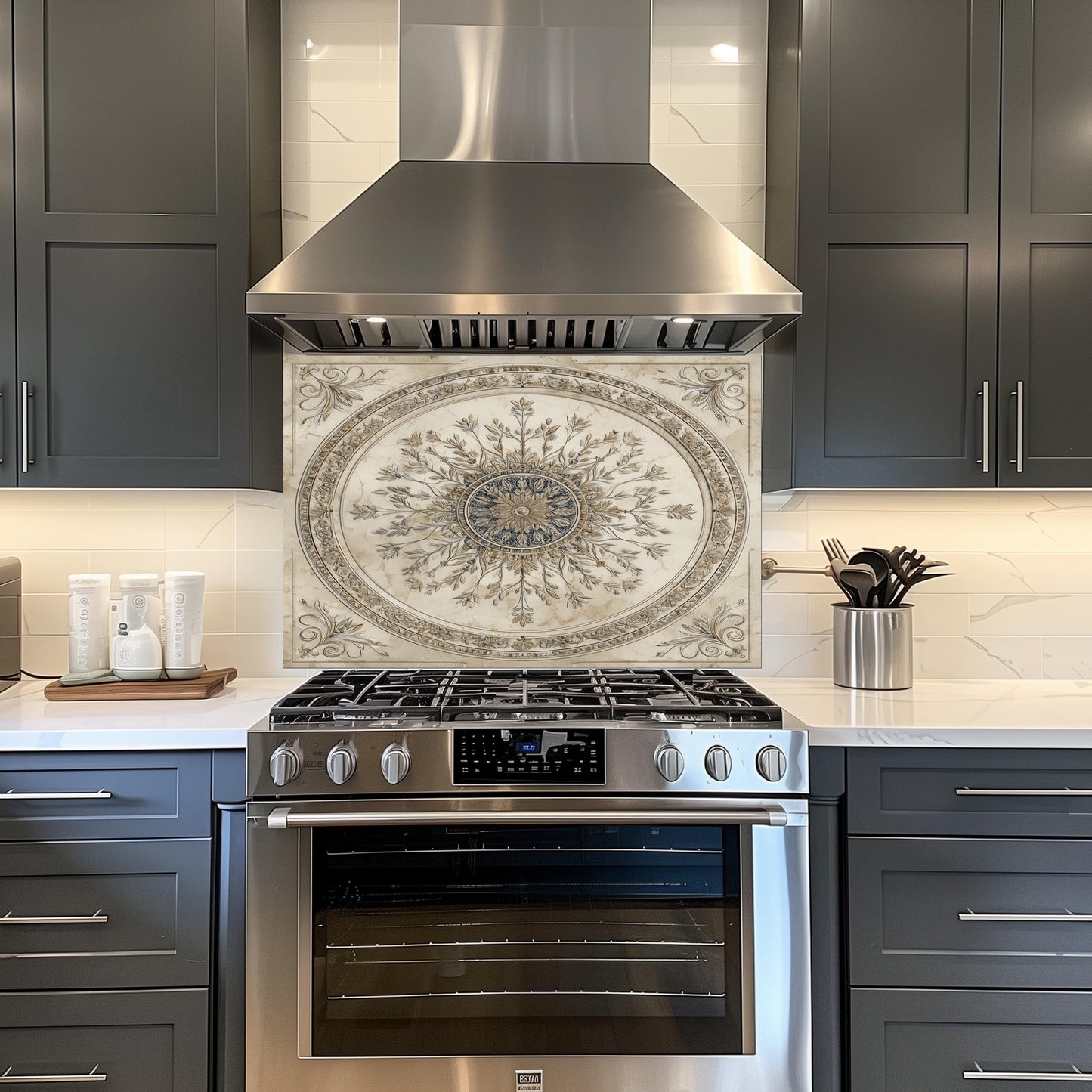 Glass Backsplash for Kitchen, Easy Clean Tempered Glass Panel, Antique Marble Medallion Design