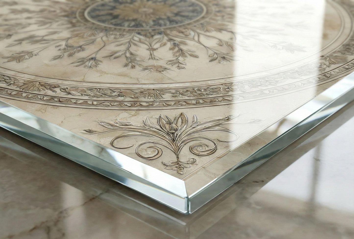 Glass Backsplash for Kitchen, Easy Clean Tempered Glass Panel, Antique Marble Medallion Design