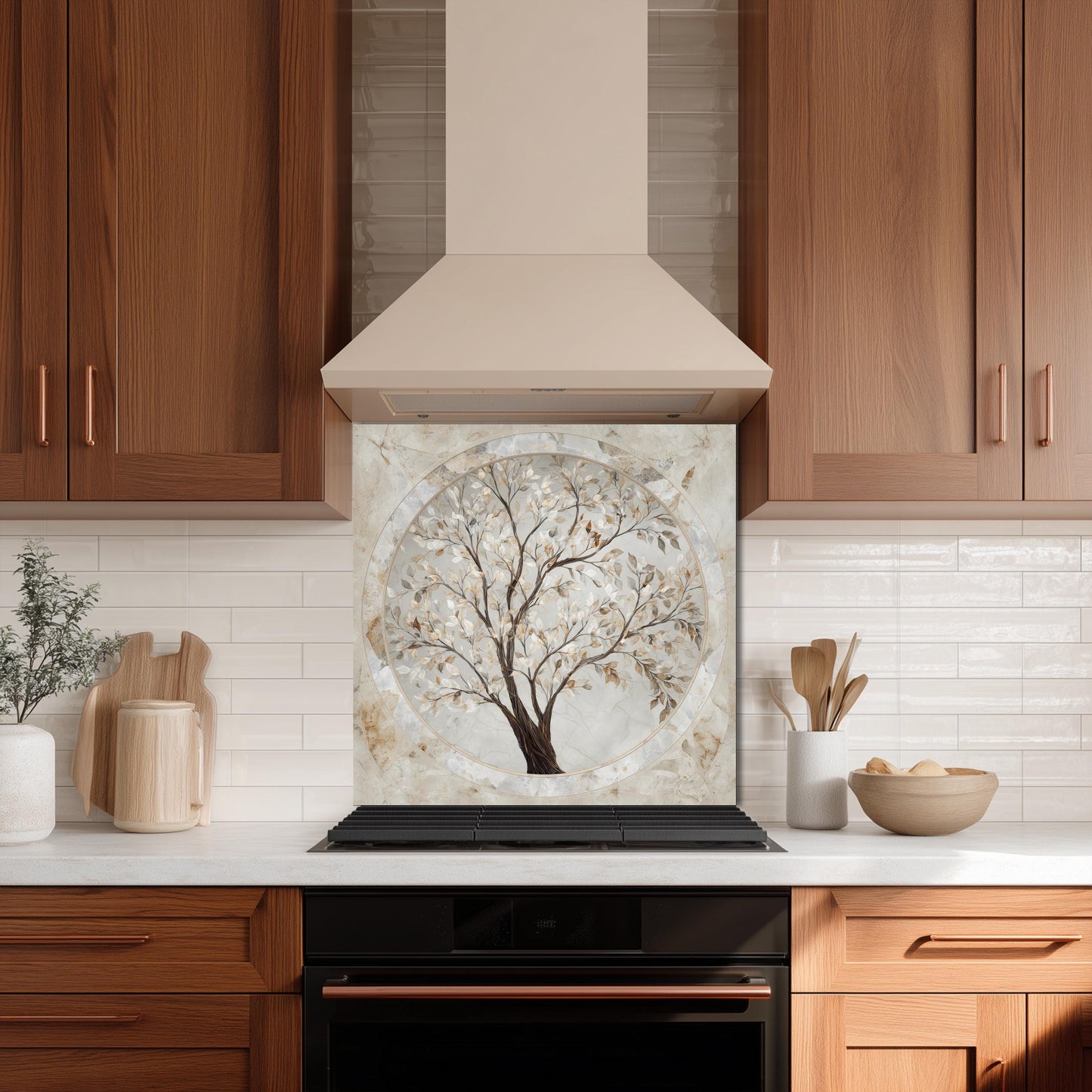 Glass Backsplash for Kitchen, Easy Clean Tempered Glass Panel, Marble Tree of Life Medallion