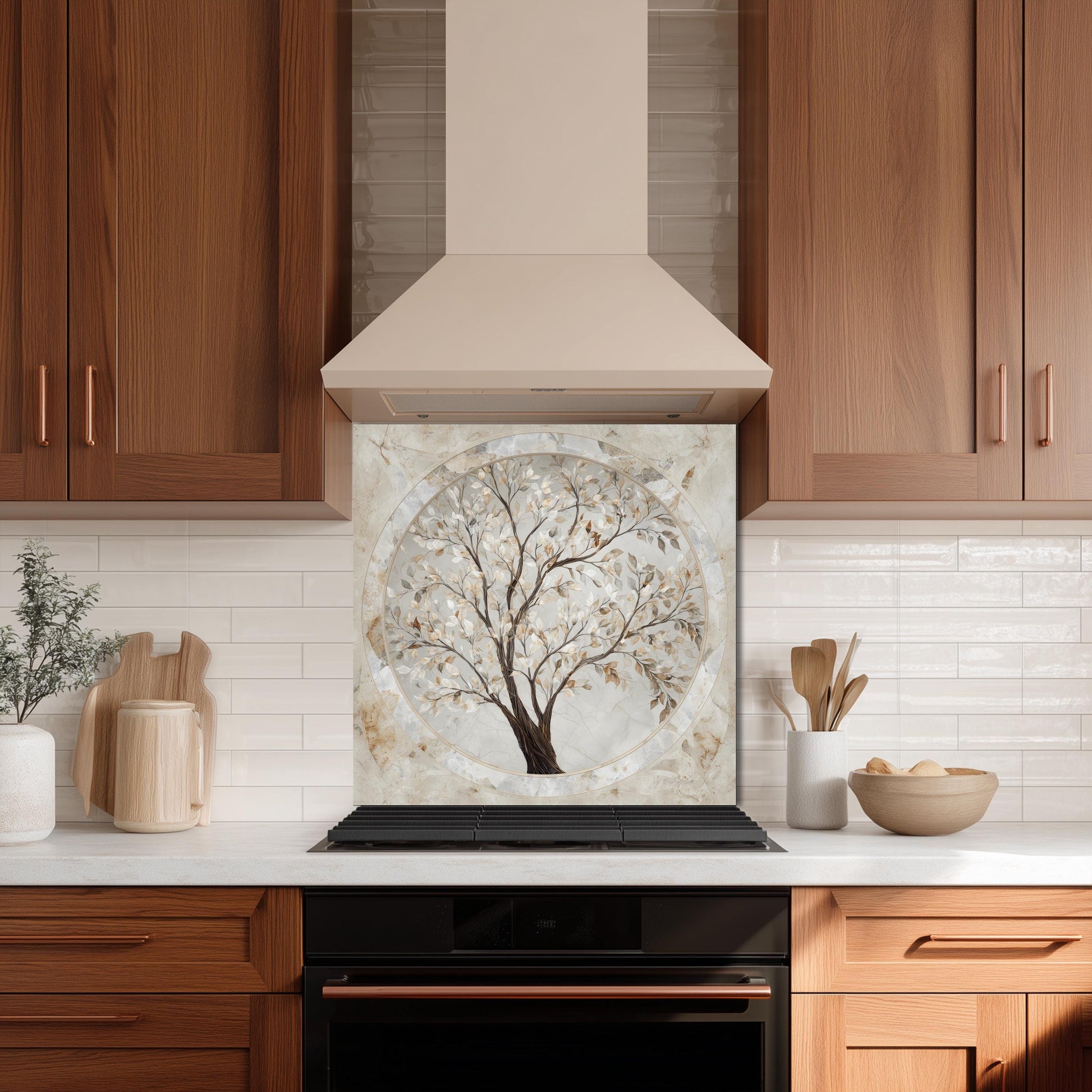 Glass Backsplash for Kitchen, Easy Clean Tempered Glass Panel, Marble Tree of Life Medallion