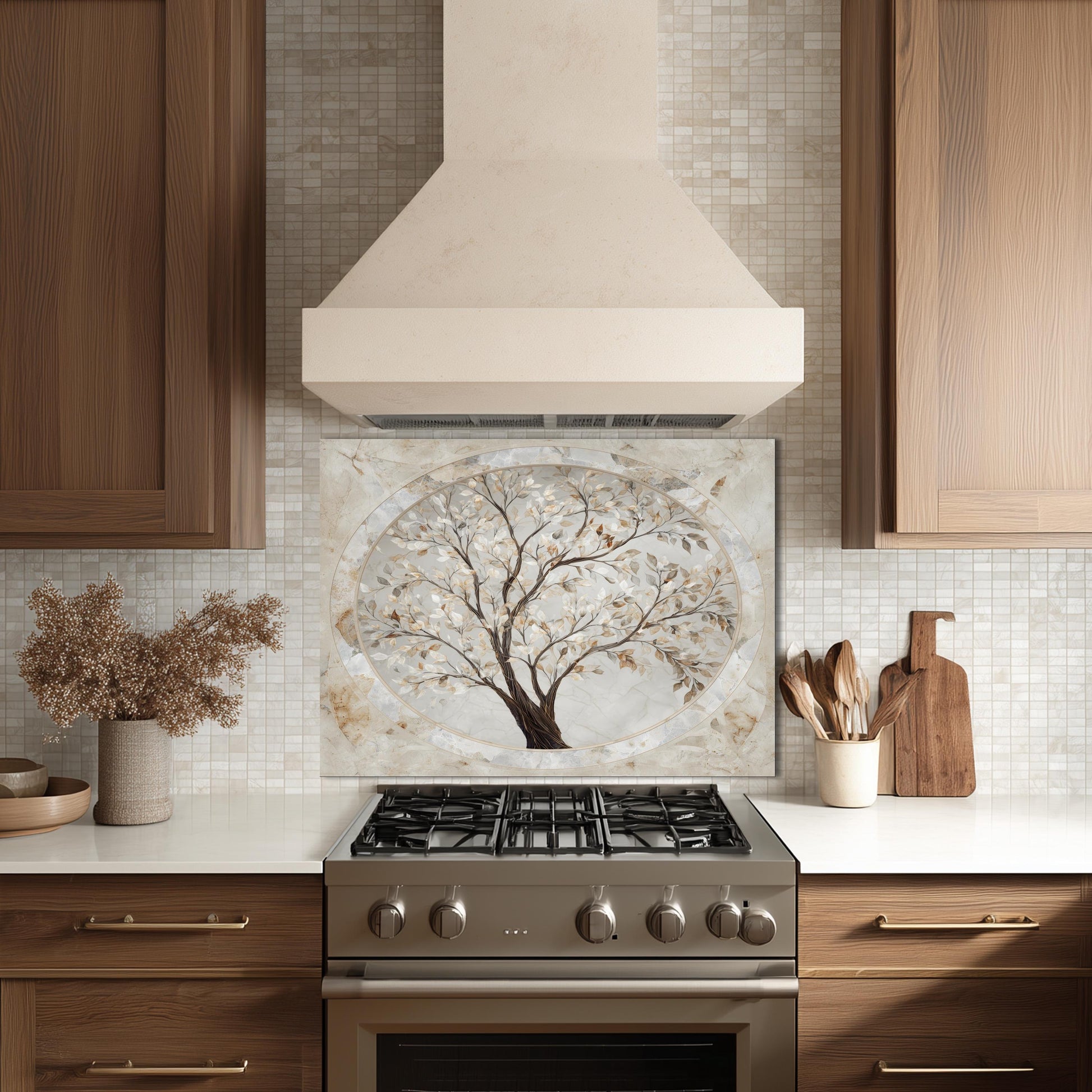 Glass Backsplash for Kitchen, Easy Clean Tempered Glass Panel, Marble Tree of Life Medallion